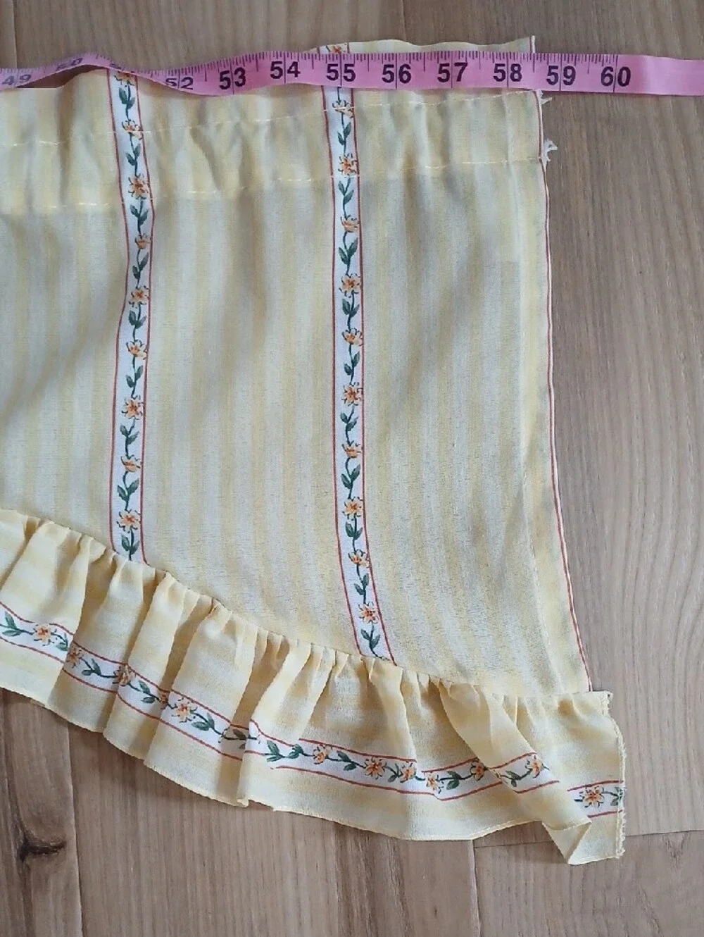 Pair Vintage Yellow Floral Stripe Window Valance Curtains Ruffled Hem